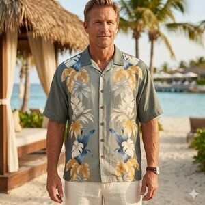 Tommy Bahama Button Up Shirt Mens XXL Gray Silk Tropical Leaf Short Sleeve Camp